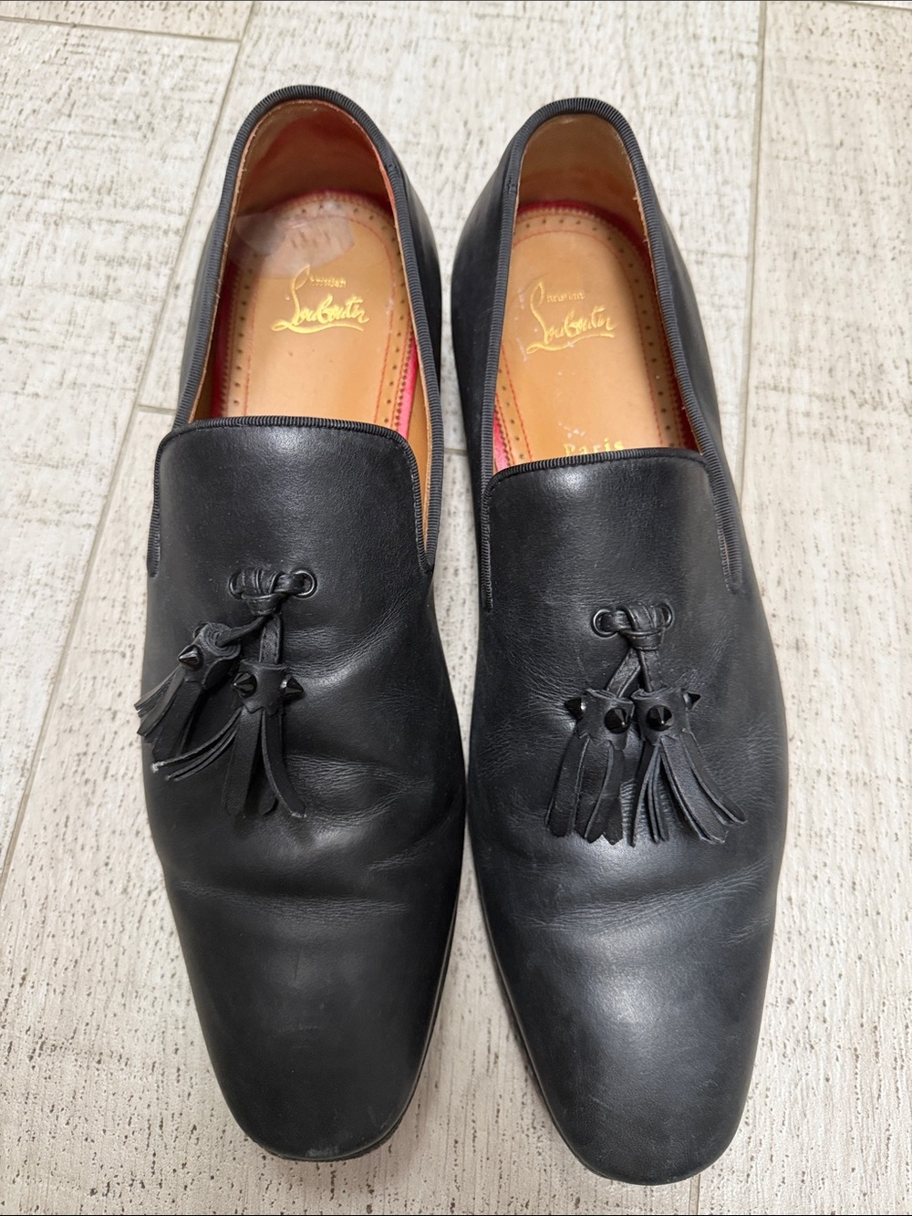 Christian Louboutin Black Leather Tassel Slip-On Loafers